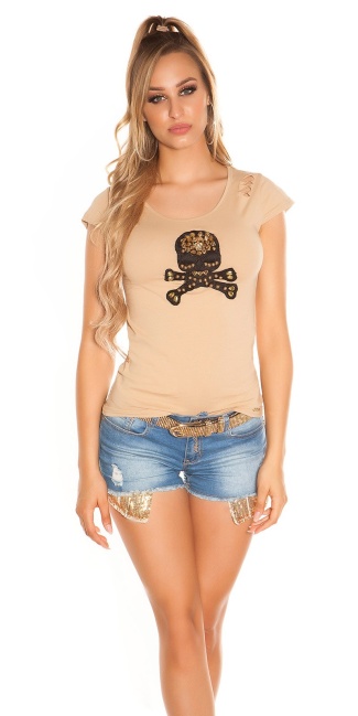 T-Shirt with skull and net back Beige